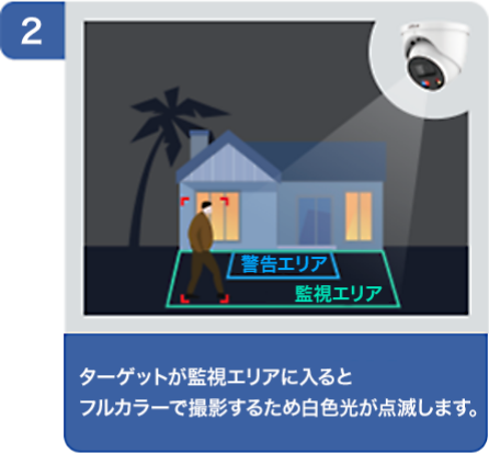 [2] ターゲットが監視エリアに入ると フルカラーで撮影するため白色光が点滅します。